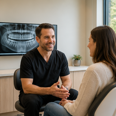 Dentist talking with a patient