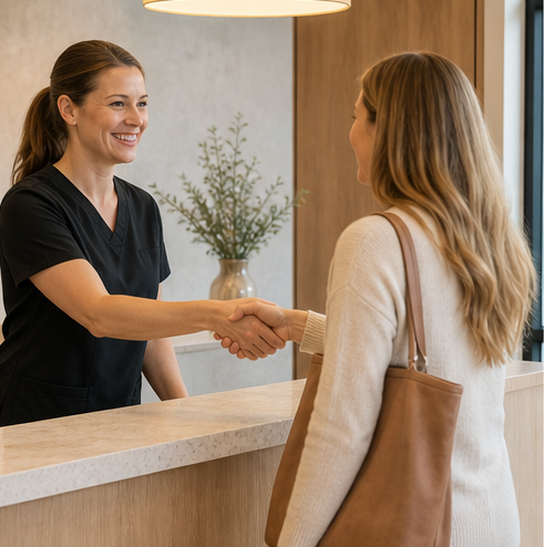 A friendly dental professional greeting a patient