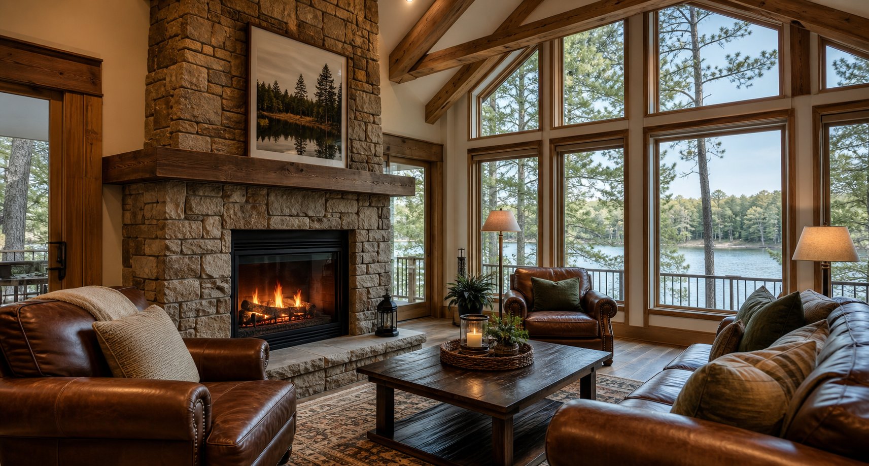 Warm Wisconsin lake house living room with stone fireplace