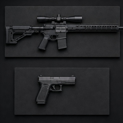 Modern rifle and handgun on clean presentation surfaces
