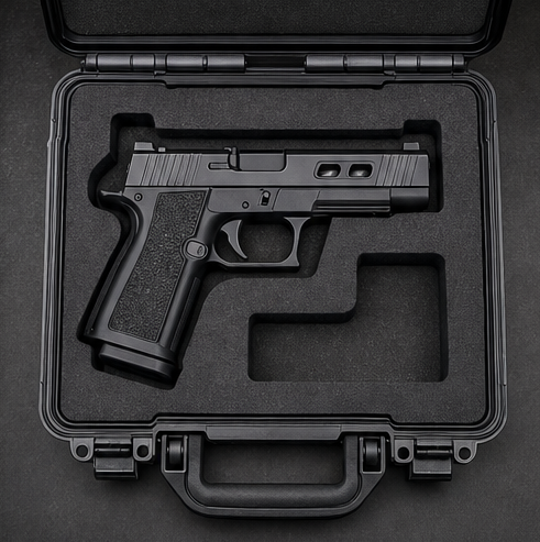 Modern handgun in a fitted presentation case