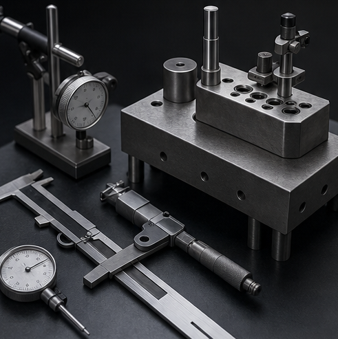 Precision measurement tools on a workshop bench