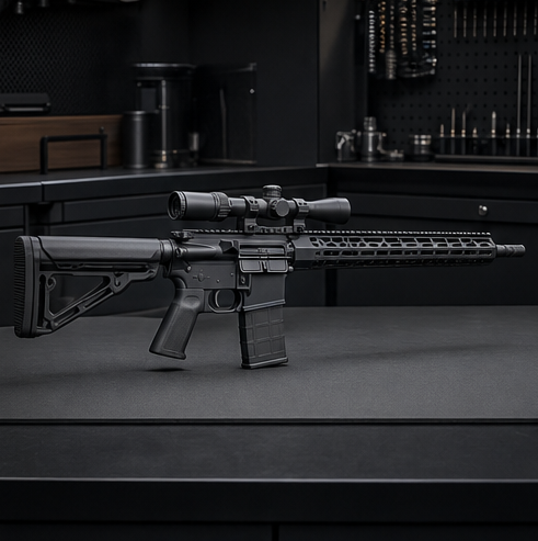 Modern rifle displayed in a precision workshop