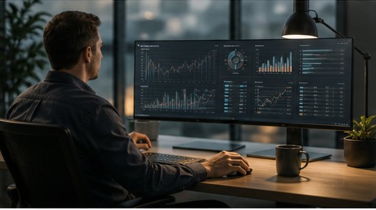 Operator reviewing abstract analytics dashboards