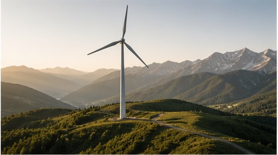 Wind turbine over mountain valley