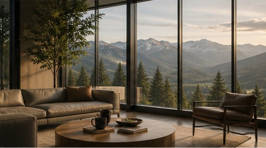 Modern investment office overlooking mountains