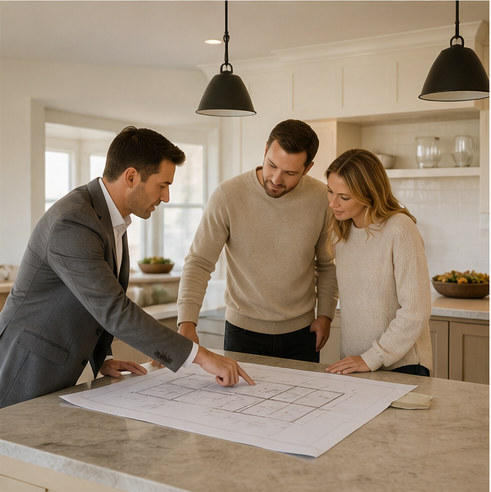 Builder meeting with homeowners around a kitchen island
