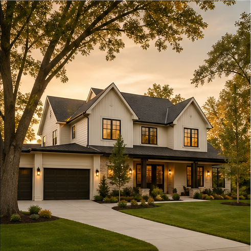 Family home exterior at sunset