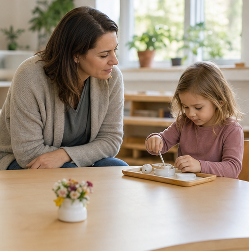 Teacher supporting a child at a learning table