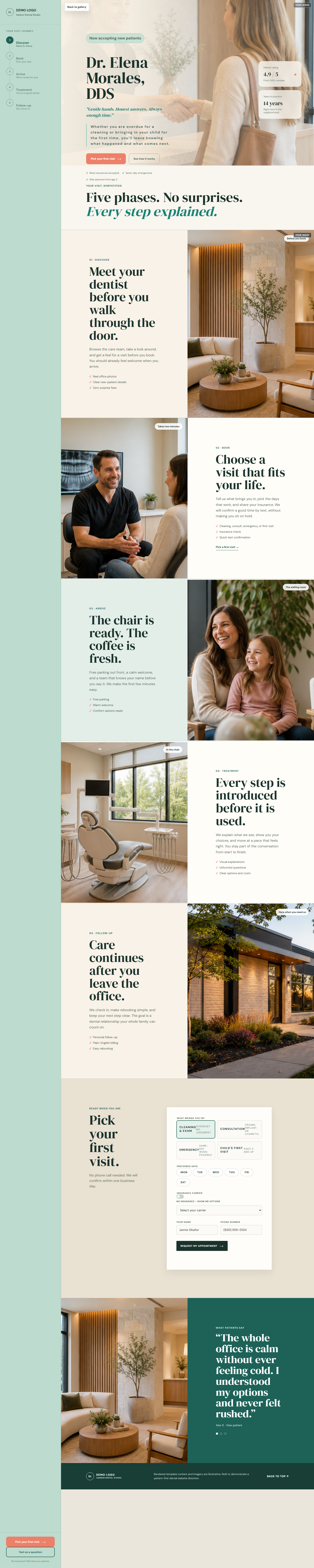 Patient journey dental website demo with visit steps, booking flow, and trust proof
