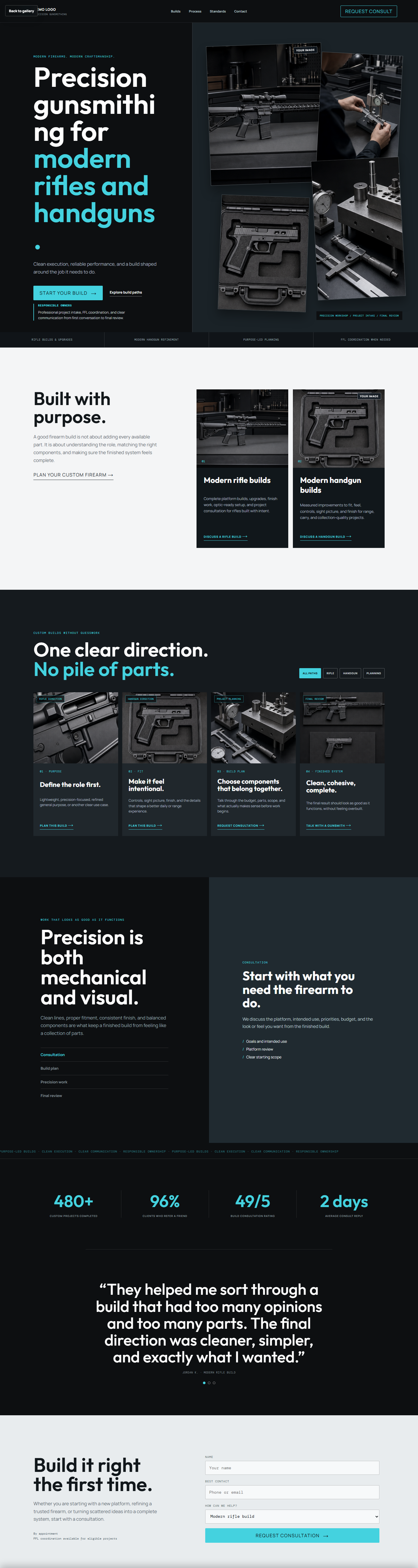 Gunsmithing website demo with build paths, consultation flow, and project standards