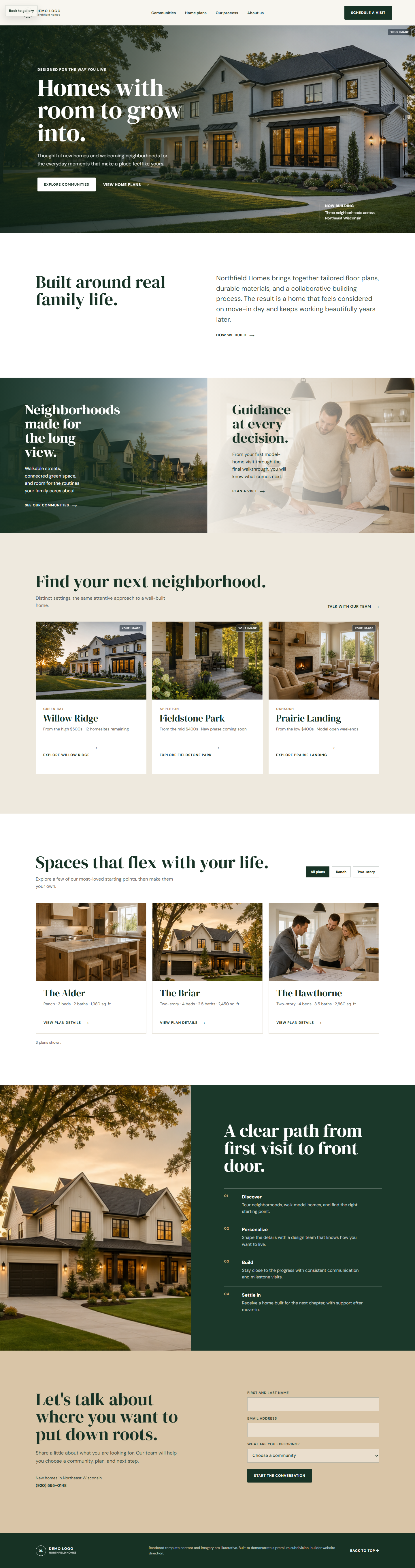 Subdivision builder website demo with communities, plans, and tour request flow
