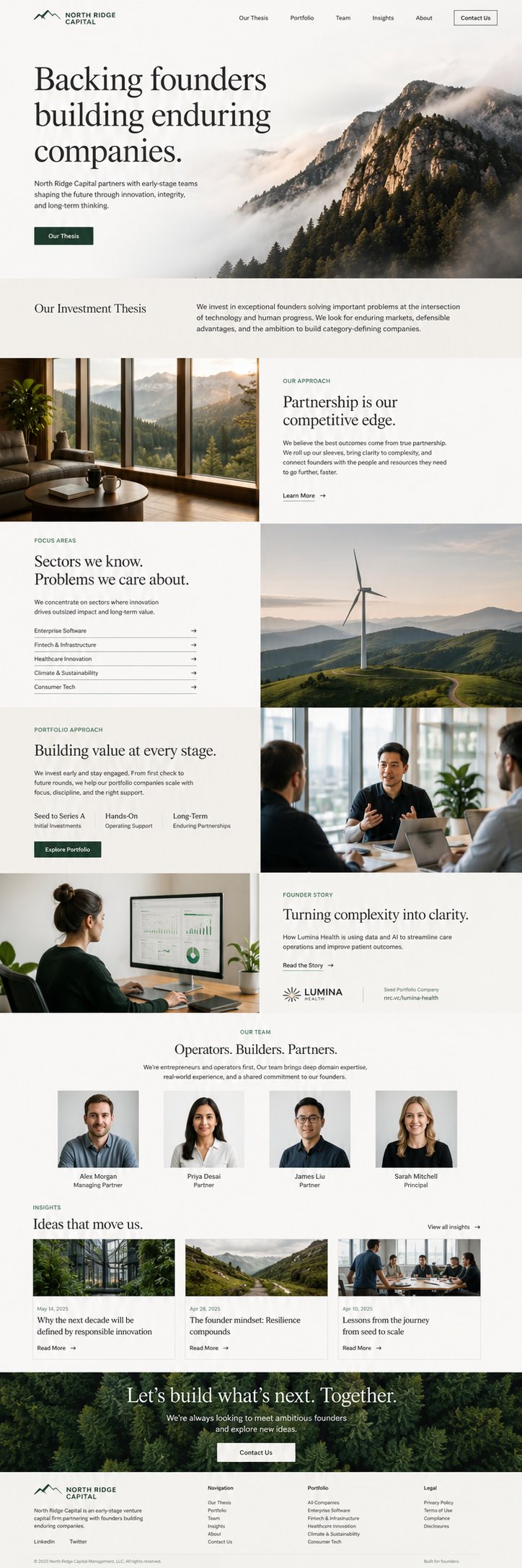Venture capital website demo with founder messaging and inbound path